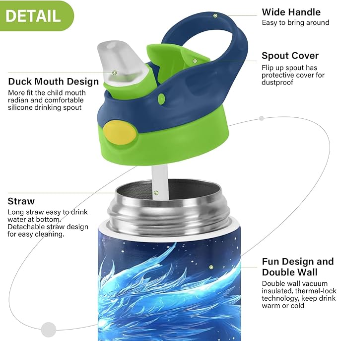 Dragon Blue Galaxy Kids Water Bottle with Straw Lid Insulated Tumbler with Handle Stainless Steel Reusable Toddlers Cup for Kids Boys 12 oz - Bloomnest
