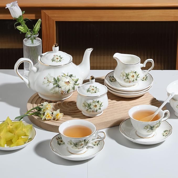 Sweejar Ceramic Teapot with Infuser, Floral Relief Gold Rimmed Teapot, 29 OZ Porcelain Tea Pot for Blooming and Loose Tea, Coffee...(Camellia) - Bloomnest
