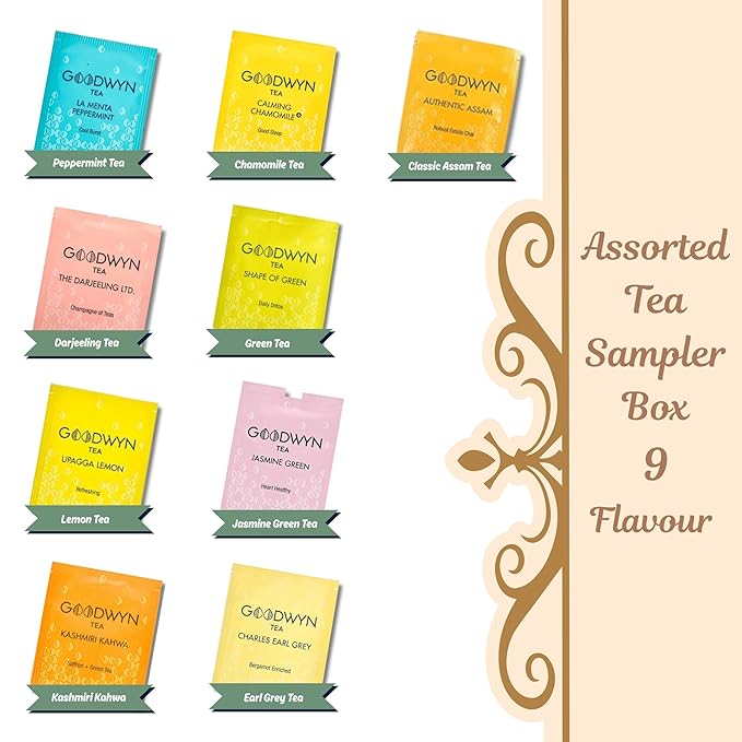 Goodwyn Assorted Tea Sampler Box – 90 Individually Wrapped Tea Bags | Premium Herbal, Black & Green Tea Collection in Reusable Wooden Chest | 9 Flavors x 10 Each: Peppermint, Chamomile, Assam, Darjeeling, Lemon, Green Tea, Kahwa, Jasmine, Earl Grey | I... - Bloomnest