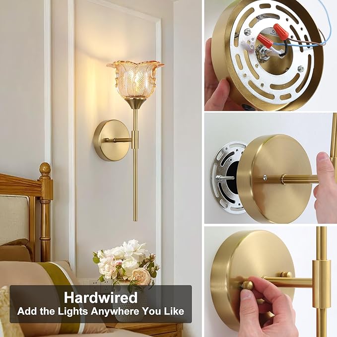 Gold Wall Sconce Set of 2 with Amber Glass Shades, Modern Mid Century Bathroom Vanity, Wall Light Fixtures Industrial, Brushed Brass Wall Lamp, for Bedroom Mirror Living Room Restaurant - Bloomnest