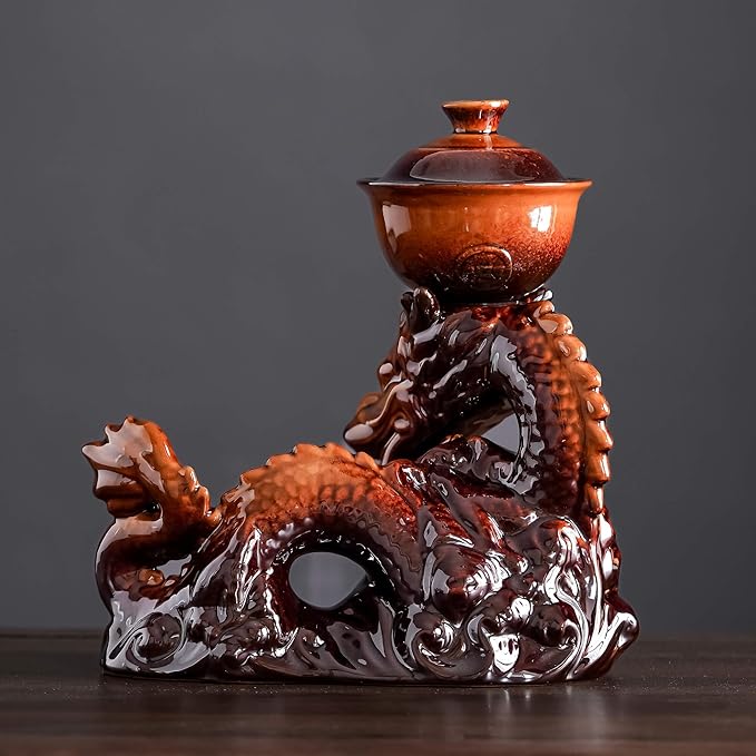 Ceramic Teapot with Infuser Semi Automatic Tea Set Magic Teapot with 8 cups Gradient Color (Yellow Dragon- C) - Bloomnest