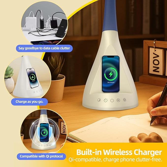 LED Desk Lamp with USB Charging Port, Dimmable Reading Light Touch Control and Eye Protection, Adjustable Brightness Table Lamp for Home Office Bedroom (White) - Bloomnest