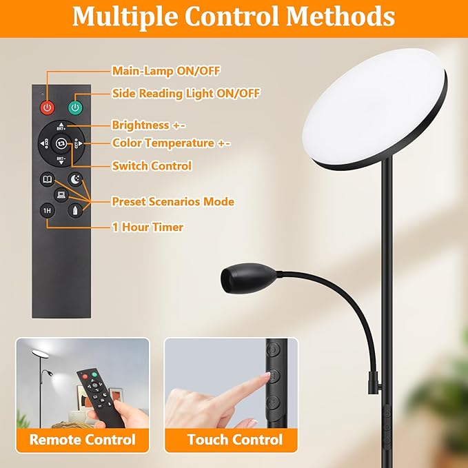 LED Torchiere Floor Lamp with Gooseneck Reading Light, 69" Dimmable Reading Floor Lamp with Adjustable Color Beam, Remote Control Standing Lamp, Zoomable Spotlight for Living Room,Bedroom,Office,Black - Bloomnest