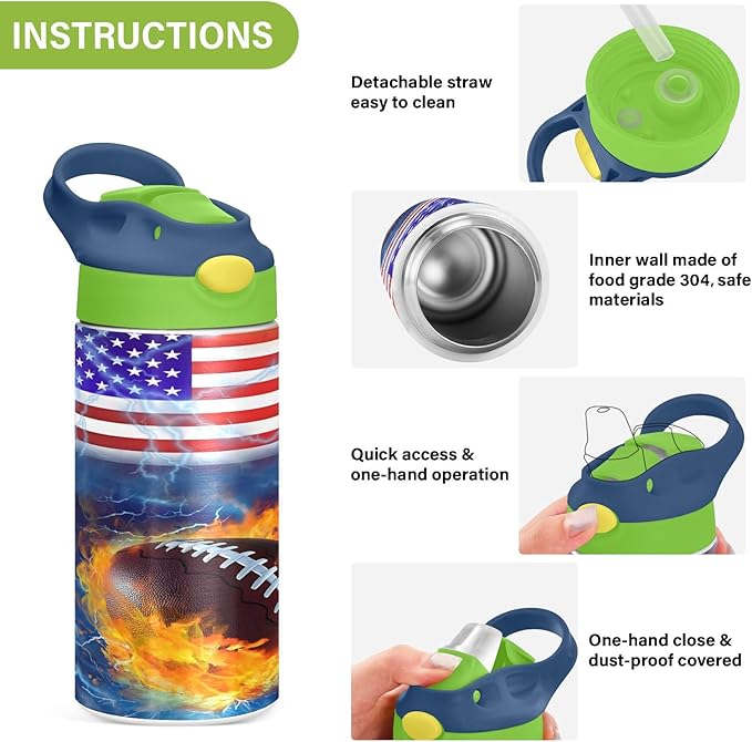 Rugby Football America Kids Water Bottle with Straw Lid Insulated Tumbler with Handle Stainless Steel Reusable Toddlers Cup for Kids Boys 12 oz - Bloomnest