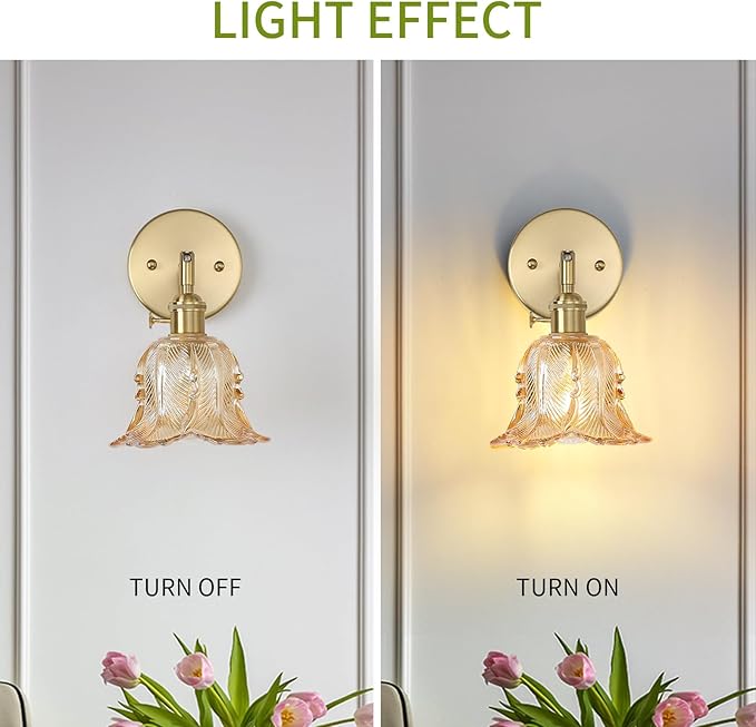 Vintage Wall Sconces Set of 2, Lily Amber Lampshade & 180 Degree Adjustable, Brass Wall Lights, for Bedroom Living Room Hallway Aisle, Bulbs Not Included, ETL Listed - Bloomnest