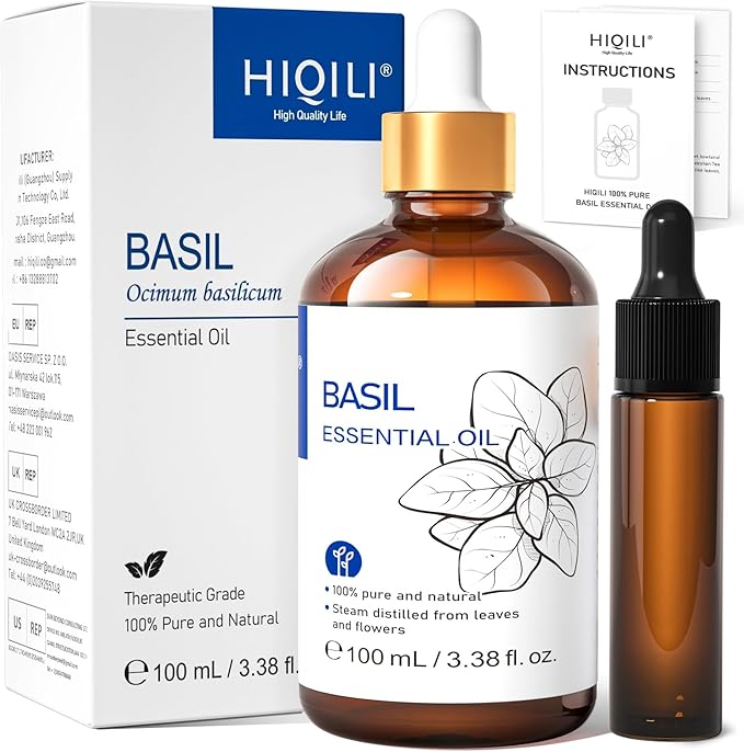 HIQILI Basil Essential Oil, 100% Pure & Natural, Diffuser in Bedroom, Yoga, Mediation for Calming Relaxation Mood, Hair Growth, Body Massage, DIY Sweet Herbal Scented Soap Gifts- 100ML - Bloomnest