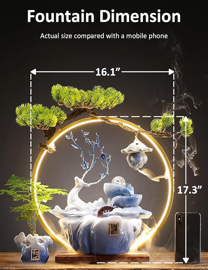 Deer Tabletop Water Fountain with LED Light Mist, Home Decor Includes Backflow Incense,Japanese Water Fountains for Meditation,Indoor Zen Decor for Office,Living Room or Bedroom (Blue)