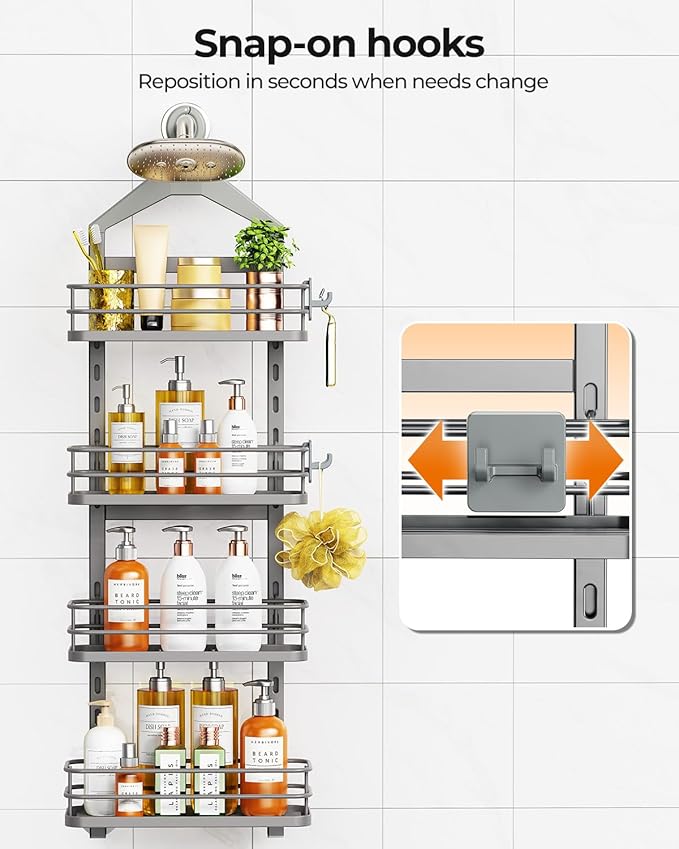 ODesign 4 Tier Height-Adjustable Shower Caddy Hanging Anti-Swing-Over The Shower Head Caddy-Showers Storage Organizer Bathroom Shelves Basket Showers Caddies-Grey - Bloomnest