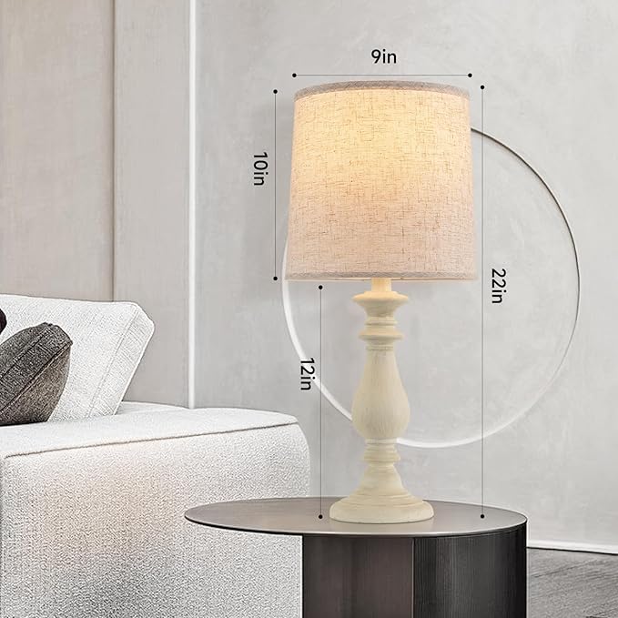 Lamps Set of 2 Vintage Rustic Farmhouse Table Lamps Bedside Reading Lamp Bedroom Nightstand Living Room Teapoy Lamp, Desk Light, 22 Inch High, White Wash, with Fabric Shade, Bulb Not Included - Bloomnest