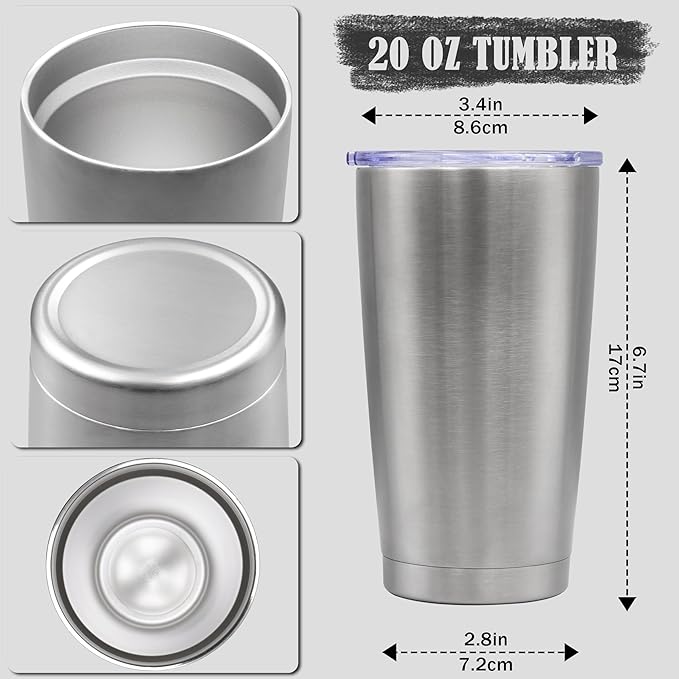 20 oz Tumbler Coffee Travel Tumblers Bulk with Lid Stainless Steel Double Wall Vacuum Insulated Mug Powder Coated Cups fit Car Cupholder for Hot and Cold - Stainless Steel, 12Pack - Bloomnest