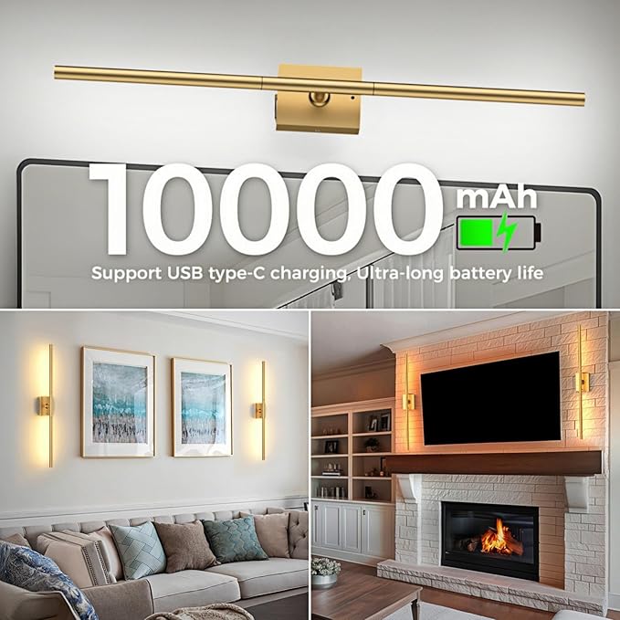 Battery Operated Wall Sconces Set of Two: Dimmable Wireless Wall Lights with Remote, 31.5inch LED Rechargeable Sconces, 360° Lighting Wall Scone Decor for TV, Mirror, Bedroom, Living Room(Gold) - Bloomnest