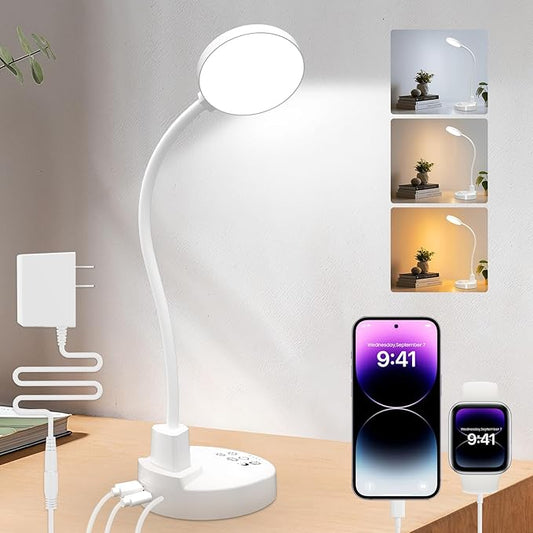 15W LED Desk Lamp with USB Charging Ports – Dimmable Table Lamp with 3 Color Temps, 5 Brightness, 4 Timers, Flexible Gooseneck Light with Base, Eye-Caring Reading Light for Home Office, Bedroom, Study - Bloomnest