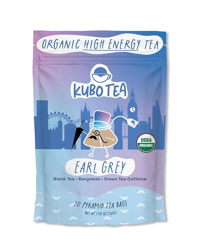 Kubo Tea Earl Grey Black Tea - Organic High Caffeine Energy Blend - 20 Pyramid Tea Bags (155mg Caffeine each) - Healthy Sugar Free Coffee Substitute for Hot and Iced Drinks - Biodegradable Packaging - Bloomnest