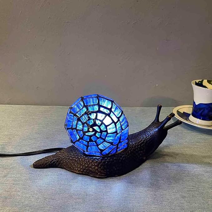 Bieye L10983 Land Snail Tiffany Style Stained Glass Accent Table Lamp for Home Decoration (Blue, 10" D x 5" W x 5" H) - Bloomnest