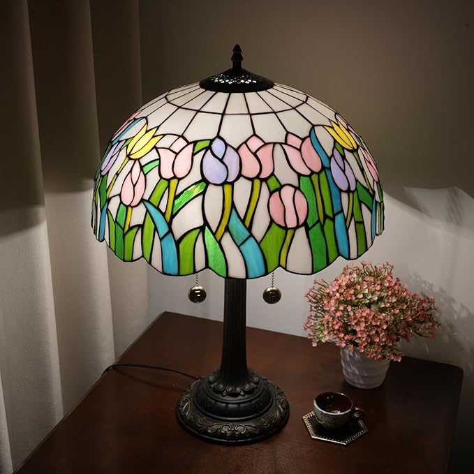 Tiffany Lamp Pink Yellow Tulips Stained Glass Table Lamp 16 inch Large Desk Light Antique Beside Reading Lamp for Home Living Room Bedroom Office - Bloomnest