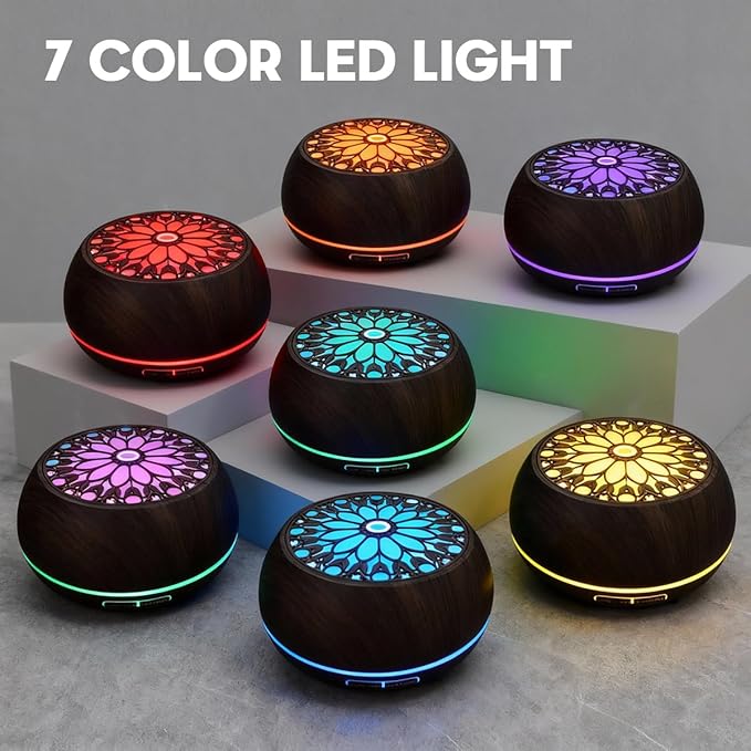 550ml Large Capacity Essential Oil Diffuser with 6 Aromatherapy Oils Set,Ultrasonic Air Humidifier with Timer and 7 Color LED Night Light Waterless Auto-Off Dark Wood Grain - Bloomnest