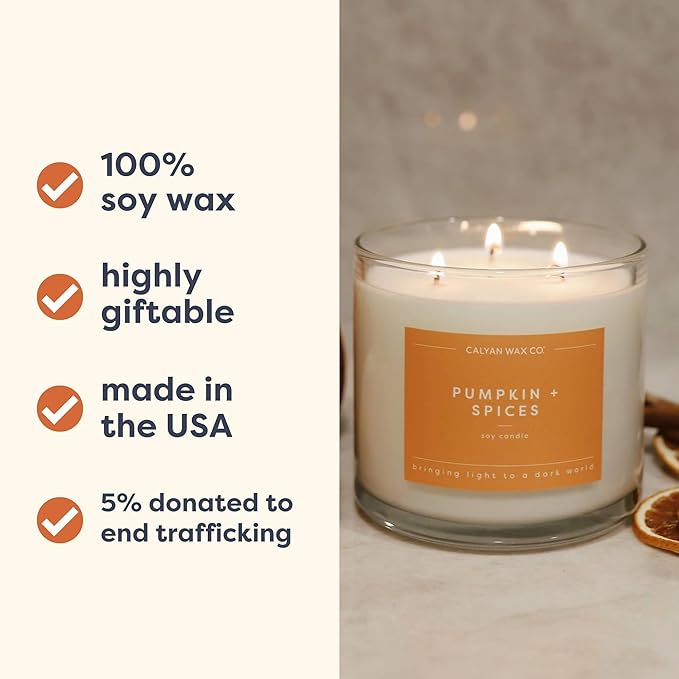 Calyan Wax Co. Pumpkin & Spices 3 Wick Scented Candle - 43 Hour Burn - Luxury 3 Wick Soy Candles - Non Toxic Soy Wax Candles - Long Lasting Large Glass Jar Candle for Home - 14.9oz - Bloomnest