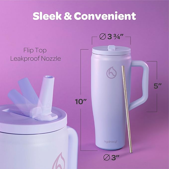 Hydracy Soulmate 40oz Tumbler with Handle and Flip Straw - 100% Leakproof Reusable Insulated Cup with Stainless Steel Straw - Cupholder Friendly Rubber Base Travel Mug - Lilac Haze - Bloomnest