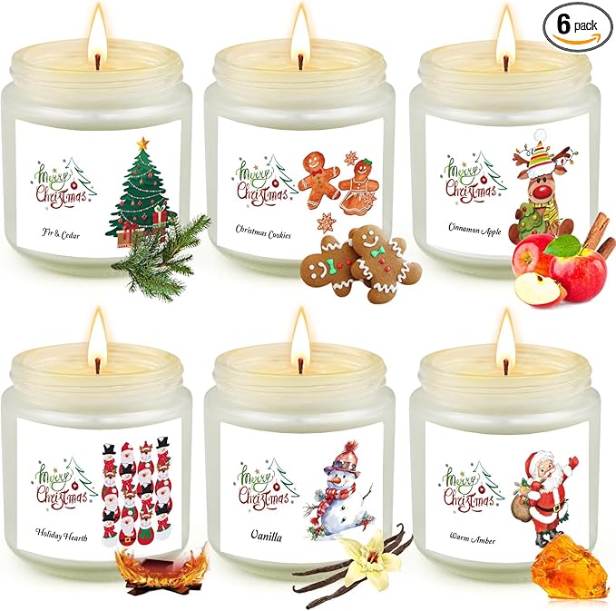 6 Pack Christmas Candles Set, Christmas Candles for Home Scented, Winter Holiday, Natural Soy Wax Jar Aromatherapy Candle Gifts Stocking Stuffers for Women Men Adult - Bloomnest