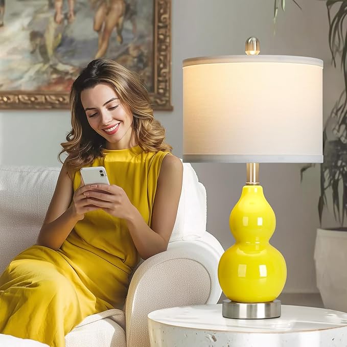 Double Gourd Ceramic Table Lamps Set of 2, Yellow Modern Bedside Lamps for Living Room, Contemporary Nightstand Desk Lamps for Bedroom End Table Home Office Decor(2 LED Bulbs Included) - Bloomnest