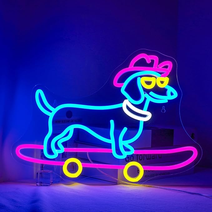 Lucunstar Dachshund Neon Sign Skateboard Dog Neon Light up Sign USB Adjustable Neon Lights Art Wall Decor LED Sign for Bedroom Shop Pet Lovers Gift - Bloomnest