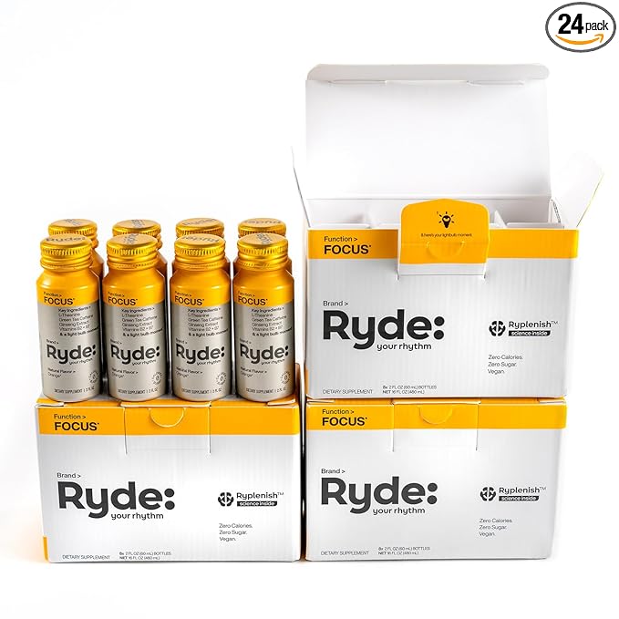 Ryde: Focus Shot | Orange Flavor | L-Theanine & Ginseng | Green Tea Caffeine | Vitamins B2 & B7 | 0 Calories, 0 Sugar | 2 FL OZ Shots | Supports Focus* (24 Pack) - Bloomnest