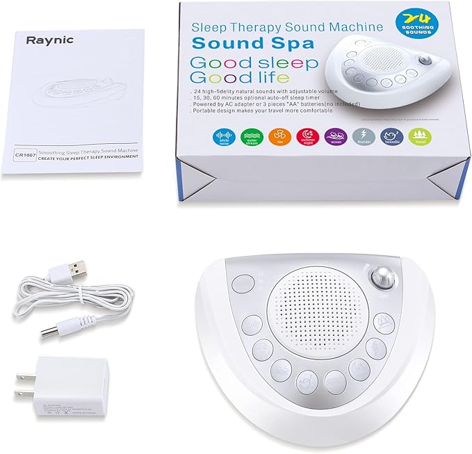 Raynic White Noise Machine, Battery Powered Sound Machine, Portable Sleep Machine with 24 Natural Soothing Sounds, Timer, USB Port, Headphone Jack for Baby, Kids, Adults, Travel, Office, Home (Silver) - Bloomnest