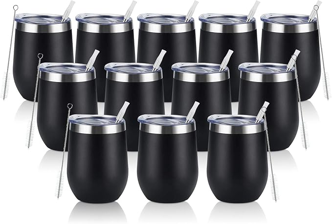 12 Pack Stainless Steel Wine Tumblers, 12Oz Double Wall Vacuum Insulated Wine Tumblers with Lids and Straws, Stainless Steel Stemless Wine Glasses for Coffee, Wine, Cocktails, Champaign, Black - Bloomnest