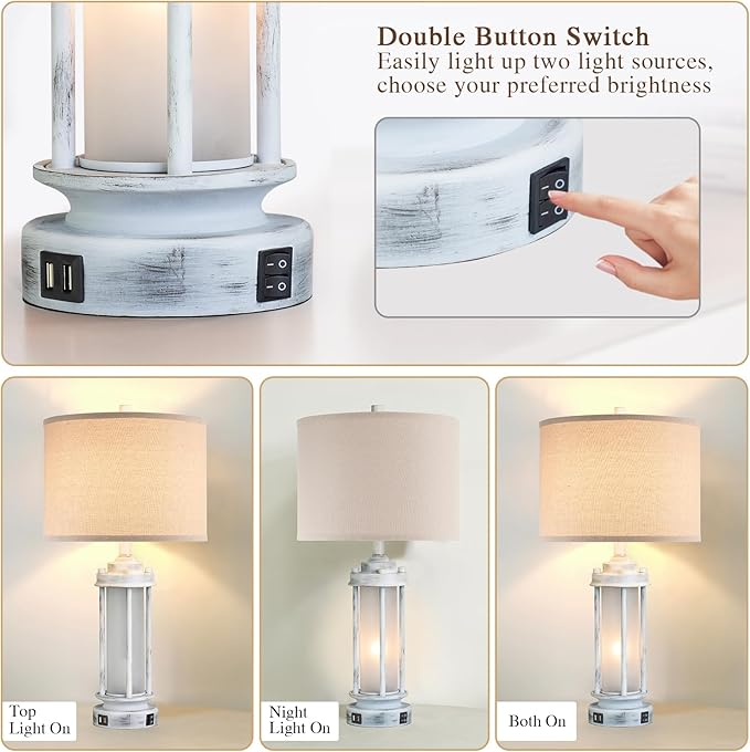 25" Rustic Table Lamps Set of 2, Vintage Nightstand Lamps with 2 USB Ports, Farmhouse Antique White Desk Lamp with Glass Night Light for Living Room Bedroom Dorms, 4 Bulbs Included - Bloomnest