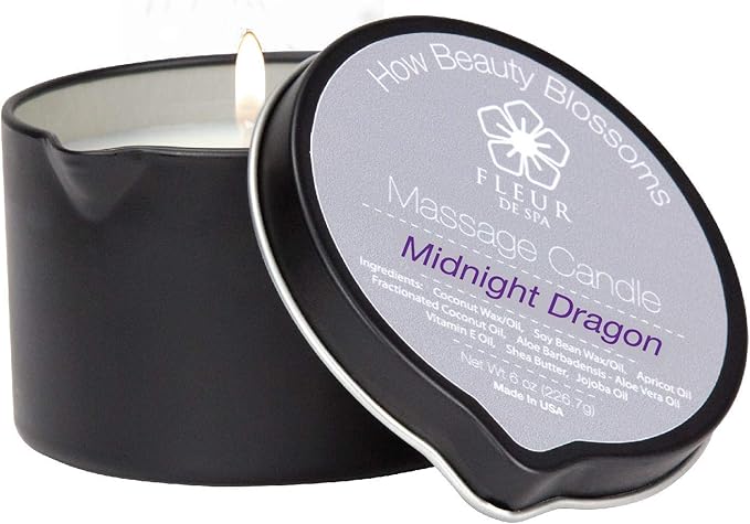 FLEUR DE SPA Massage Oil Candle – 6oz with Pour Spout – Made in USA – All Natural Coconut & Soy Blend – Melts to Warm, Alluring & Hydrating Body Oil – Perfect Spa & Gift Candle (Midnight Dragon) - Bloomnest