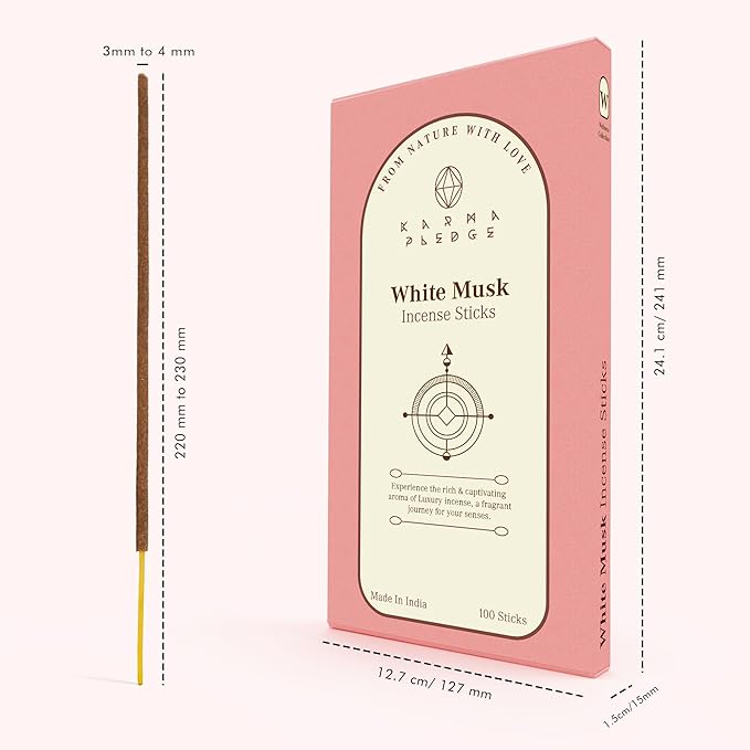 White Musk Incense Sticks, Organic Hand Dipped 100 Sticks with Natural Herbs & Aromatic Ingredients, Burn Time 45 to 60 Minutes, Incense for Positivity, Yoga, Meditation, Relaxation, Spiritual Gift KARMAPLEDGE