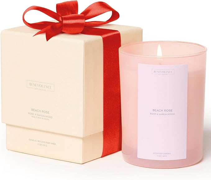 Rose & Sandalwood Scented Candle | 11oz, 60 Hour Burn | Natural Soy Wax, Cotton Wick | Fall & Holiday Candles | Christmas Scented Candles for Home | Benevolence LA Sun-Kissed Collection - Beach Rose - Bloomnest