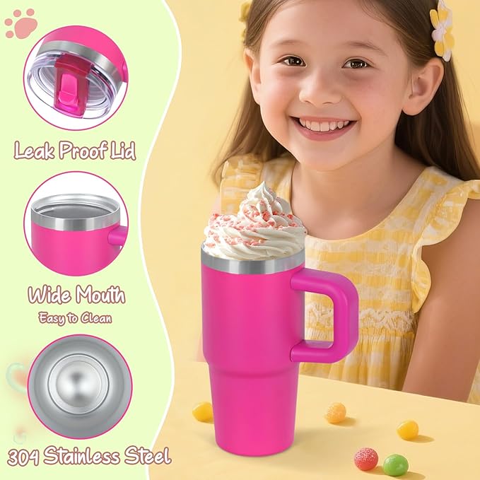 Cosictic 14 Oz Flip Straw Tumbler with Handle for Kids, Stainless Steel Double Wall Insulated Cup for Children with Flip Top Lid, 14 Oz Leak-proof Cups for Kids, Hot Pink - Bloomnest