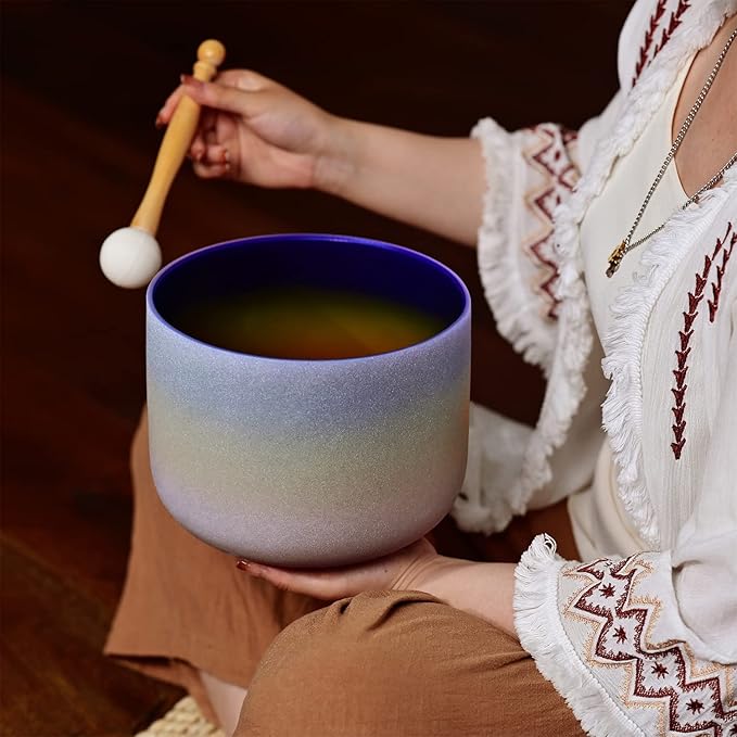 CVNC 440HZ 8 Inch Rainbow Colored A Note Third-Eye Chakra Frosted Quartz Crystal Singing Bowl for Sound Healing and Meditation - Bloomnest