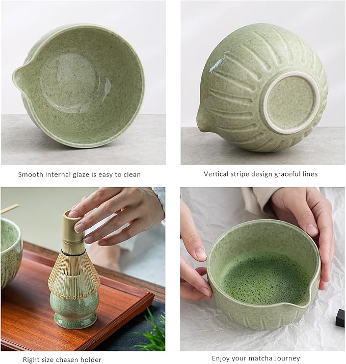 TANG PIN Matcha Set - Match Bowl with Spout and Whisk, 15 OZ, Matcha Scoop | Matcha Whisk Stand (Chasen Holder) - 4pc Perfect Matcha Kit for Matcha Tea Ceremony (Mottled Green) - Bloomnest