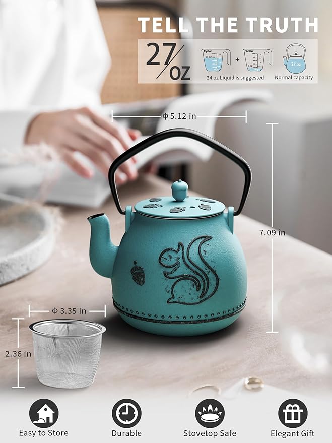 Toptier Teapot with Removable Infuser, Cast Iron Tea Kettle Stovetop Safe, Squirrel Design Tea Pot Coated with Enameled Interior for 32 Ounce (950 ml), Blue - Bloomnest