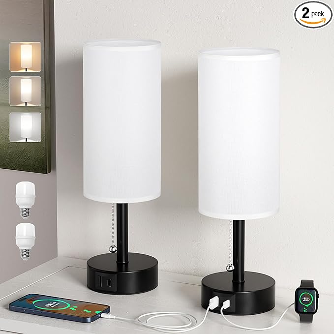 Fenmzee USB Bedside Table Lamps Set of 2-3 Color Temperatures Pull Chain Lamp with USB C and A Charging Ports, Round Night Stand Lamps for Bedroom - Bloomnest