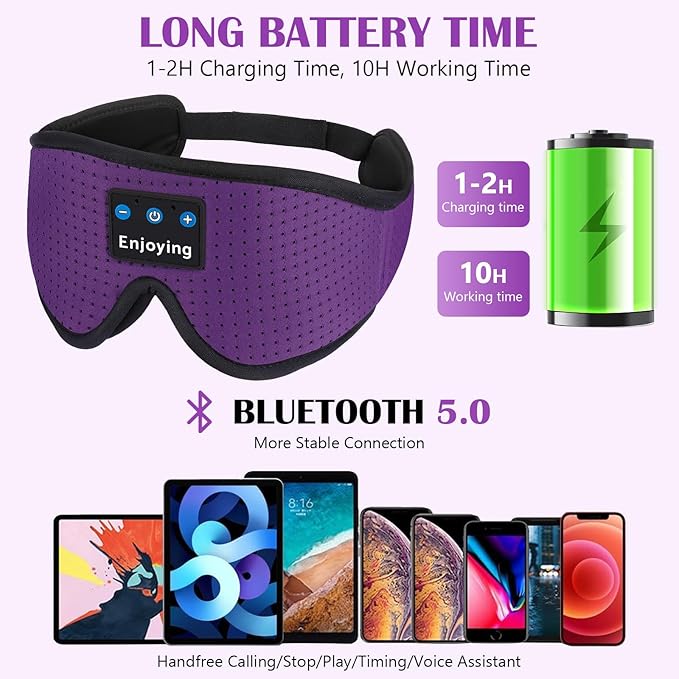 Sleep Headphones, Sleep Mask Bluetooth Wireless Music Eye Mask, Mask with Bluetooth Headphones Ultra-Thin Stereo Speakers Perfect for Sleeping (Purple) - Bloomnest