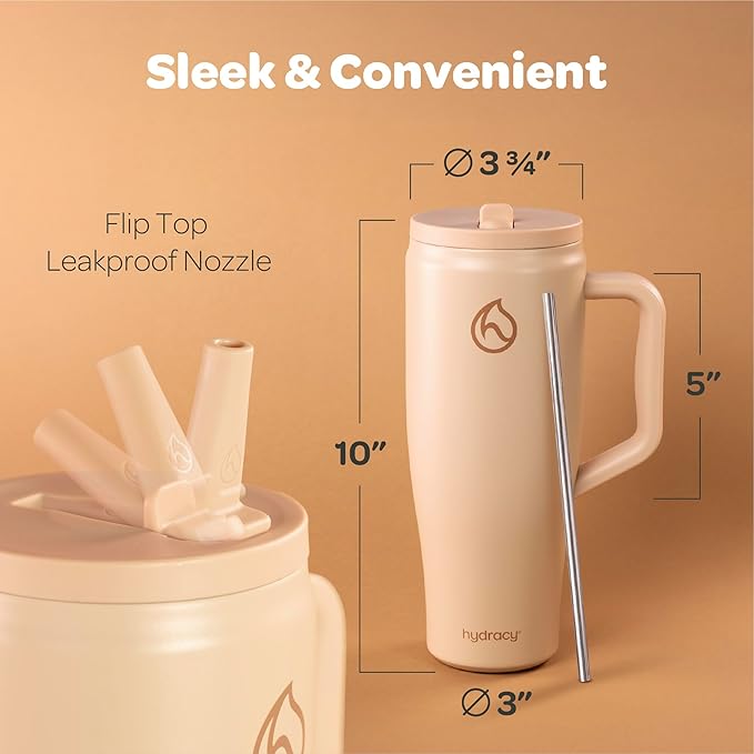 Hydracy Soulmate 40 oz Tumbler with Handle and Flip Straw - 100% Leakproof Reusable Insulated Cup with Stainless Steel Straw - Cupholder Friendly Rubber Base Travel Mug - Cafe Creme - Bloomnest
