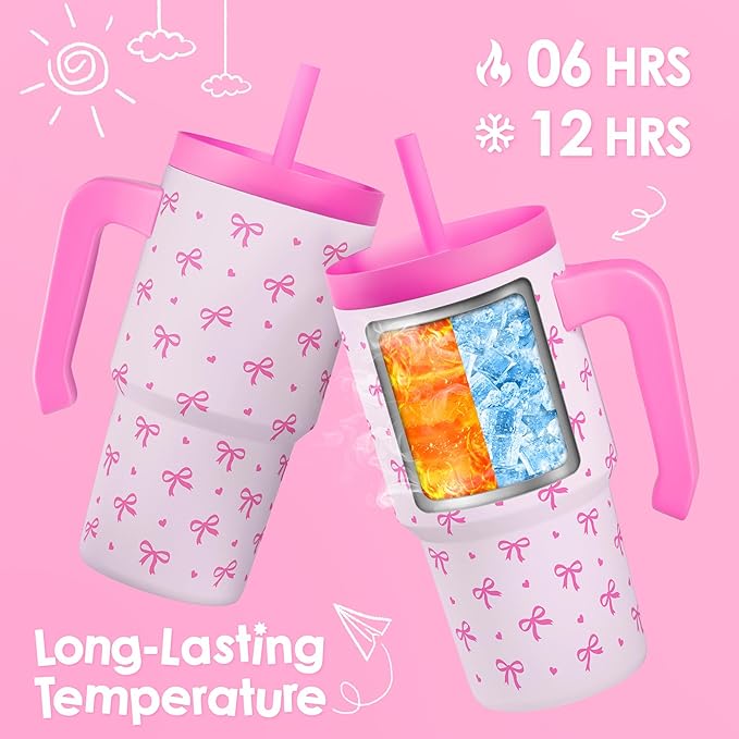 Bow Tumbler 20oz with Handle and Silicone Straw Lid for Kid, Insulated Stainless Steel Cup, Gift for Kids Girls, Gifts Idea for Birthday Christmas Back to School - Bloomnest