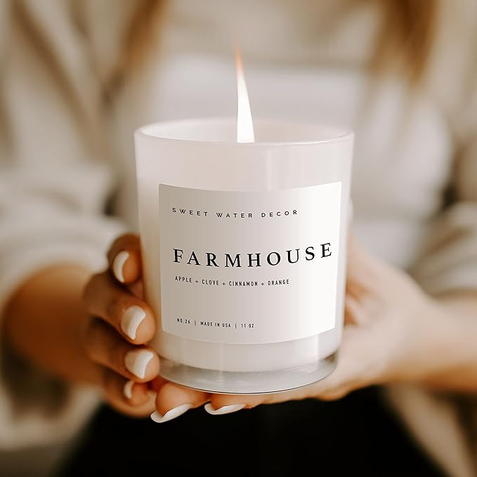 Sweet Water Decor Farmhouse Candle | Autumn, Cinnamon, and Nutmeg, Fall Scented Soy Candles for Home | 11oz White Glass + Wood Lid, 50+ Hour Burn Time, Made in The USA - Bloomnest