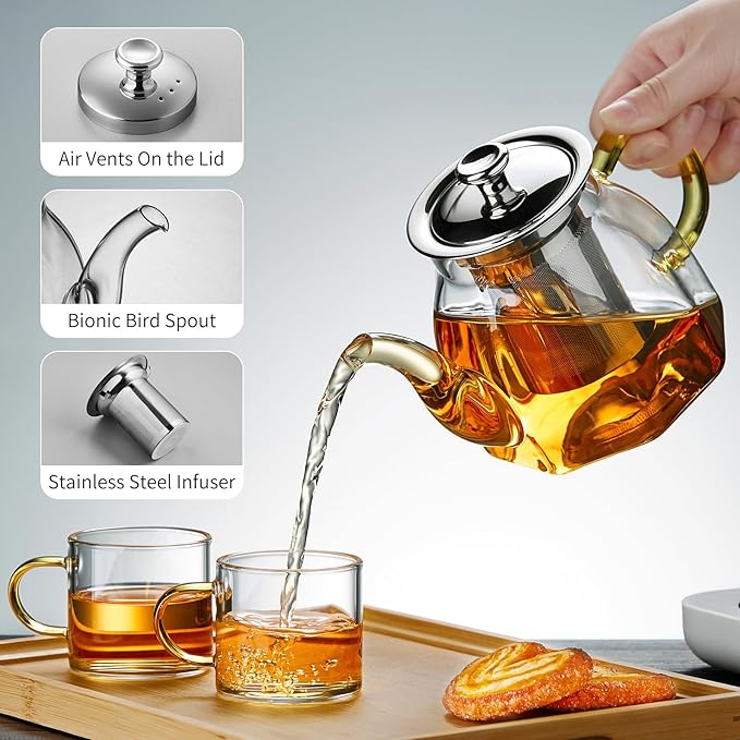 Glass Tea Pot with Stainless Steel Infuser and Lid (Octagonal), Clear Glass Teapot, Borosilicate Hydrochloric Glass Heat Resistant, Fine Glass Filter for Flower Tea, Tea Bags (27 oz / 800 ml) - Bloomnest