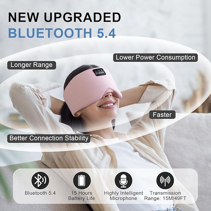 LC-dolida Sleep Mask with Bluetooth Headphones, Ice Silk Sleep Headphones with Bluetooth 5.4, Total Blackout Eye Mask for Sleeping, Sleep Soft Mask for Women Men, All Night Sleep, Travel(Pink) - Bloomnest