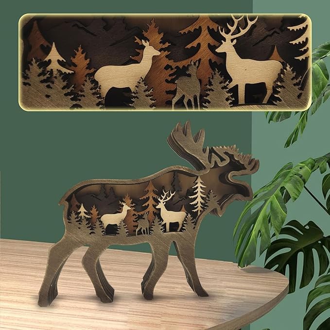 Drawelry 3D Wood Carving Animals Lamp Home Decorative, Cute Bear Family Elephant Presents Ideas Christmas Living Room Office Decor Warm LED Night Lights Gift for Friend Daughter Son Mom Dad (Moose) - Bloomnest