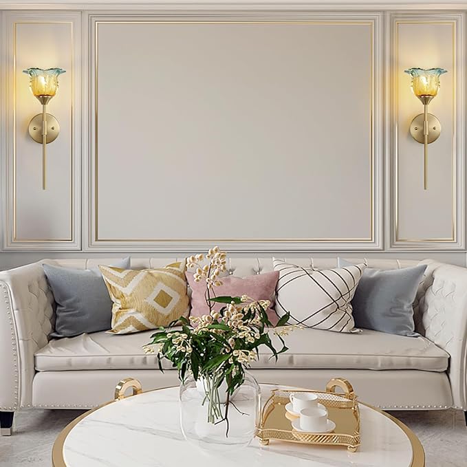 2 Pack Gold Wall Sconce with Modern Flower Glass Shades, Modern Mid Century Bathroom Vanity Wall Light Fixtures, Industrial Brushed Brass Wall Lamp, for Bedroom Mirror Living Room, ETL Listed - Bloomnest