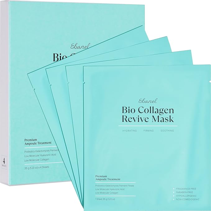 Ebanel Bio Collagen Face Mask, 4-Pack Hydrating Face Masks with 7 Peptides, Hyaluronic Acid, Niacinamide, Centella, Rose Water, Ceramide, and B5, Glass Skin Tightening and Lifting Korean Sheet Masks - Bloomnest