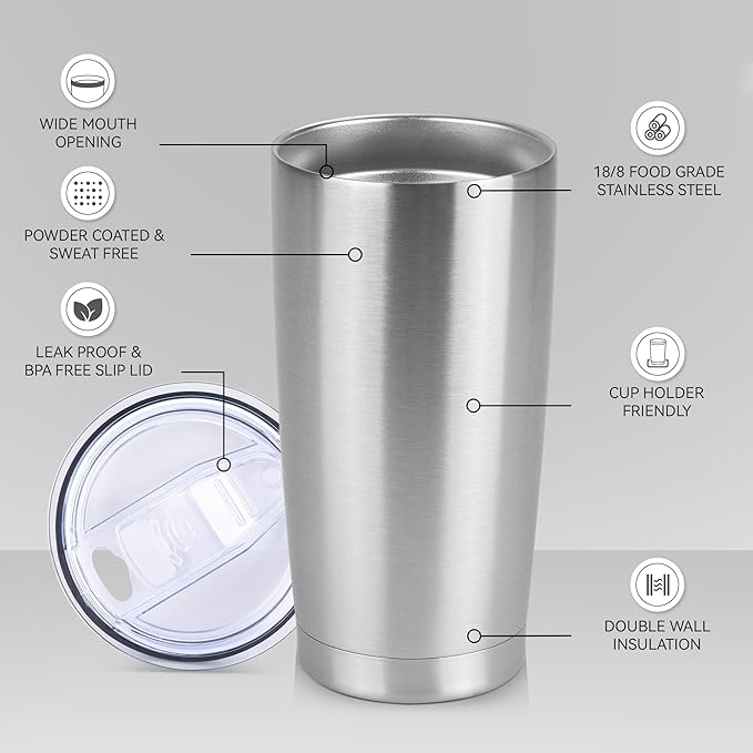 20 oz Tumbler Stainless Steel Tumblers Bulk with Lid Double Wall Insulated Coffee Tumbler Cups for Hot & Cold Drinks Powder Coated Travel Coffee Tumbler Mug Metal (Stainless Steel, 12 pack) - Bloomnest