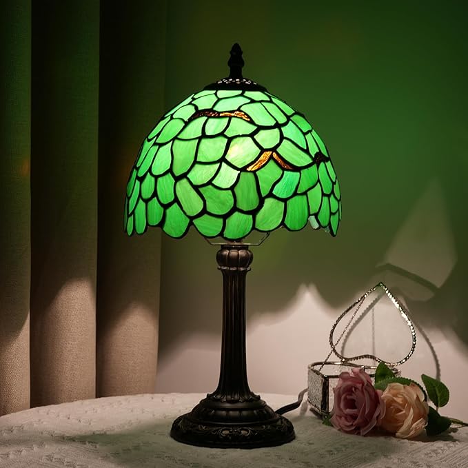 Tiffany Lamp Stained Glass Table Lamp 8X8X14 Inches Desk Reading Light Decor Beside Bedroom Living Room Home (H-1056- Green Leaf) - Bloomnest
