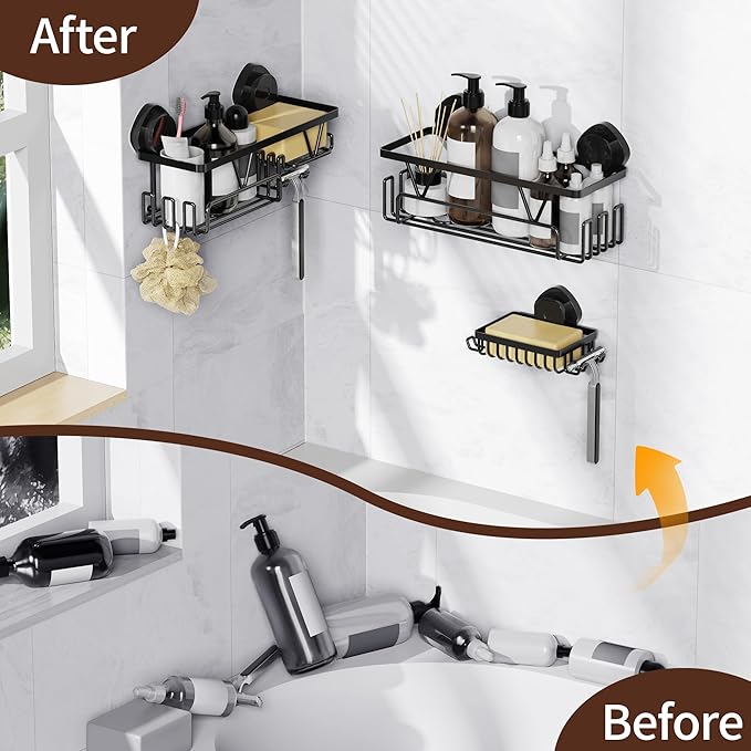 KEGII Shower Caddy Suction Cup, 3 Pack Removable Shower Shelves with Hooks & Soap Holder, No Drilling Bathroom Organizer, Waterproof Suction Storage for Inside Shower, Black - Bloomnest