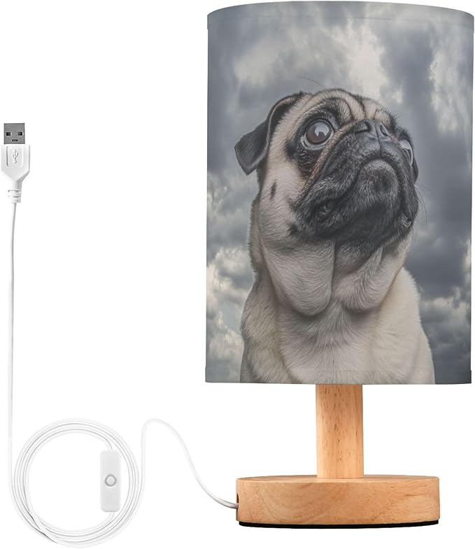 Table Lamp Pug Dog Grey Cloud Sky Nightstand Lamp with Wood Base Fabric Lamp Shade Bedside Desk Lamp for Living Room Bedroom Kids Room Office - Bloomnest
